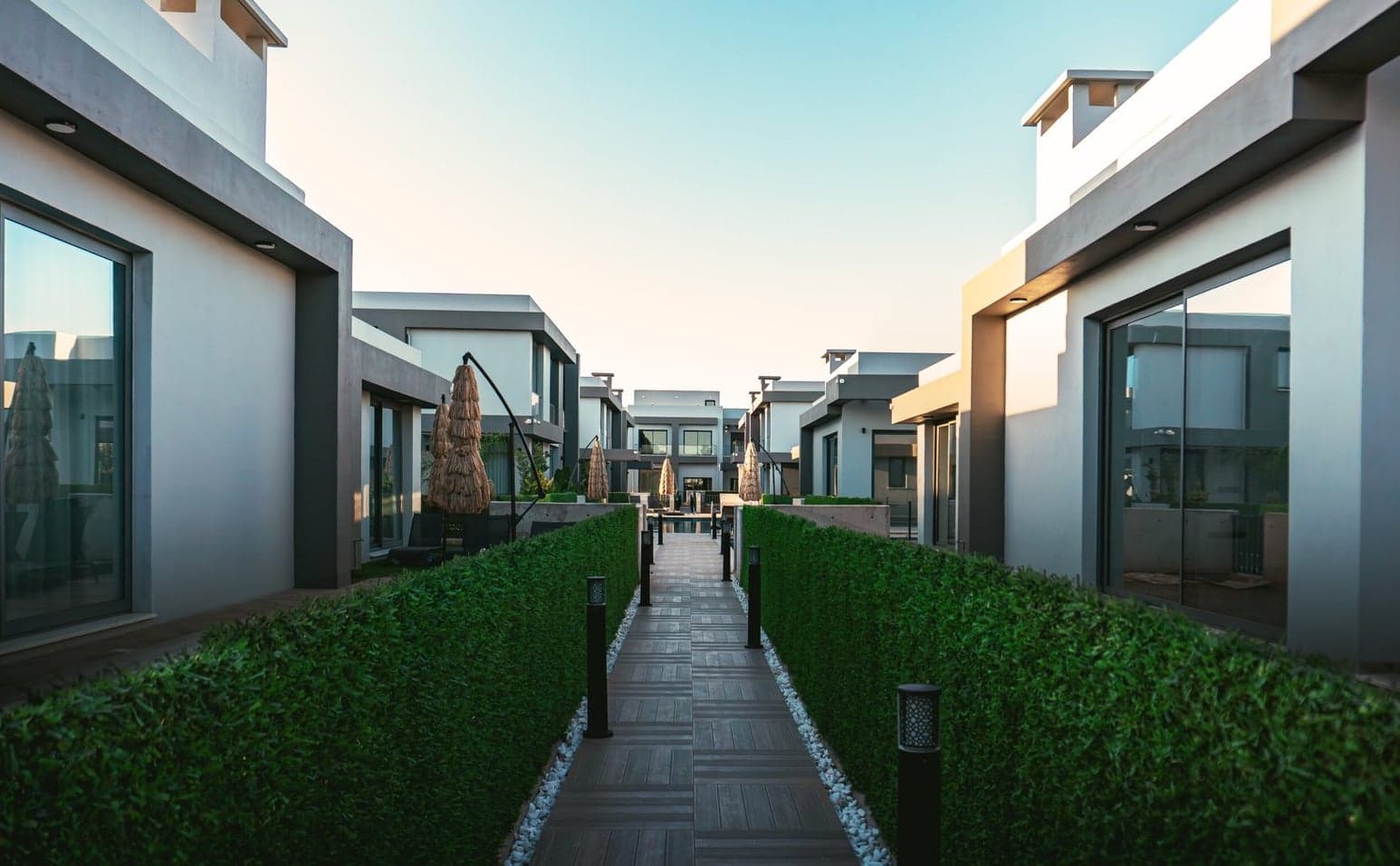 Landscaped pathway between the villas