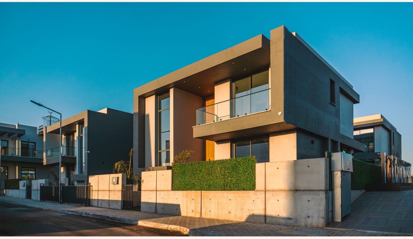 Duplex villa facade in afternoon light