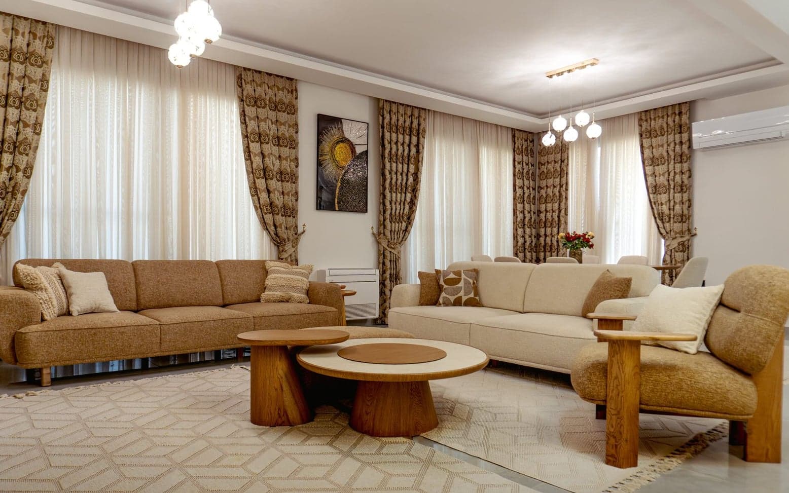 Open living area with marble floor