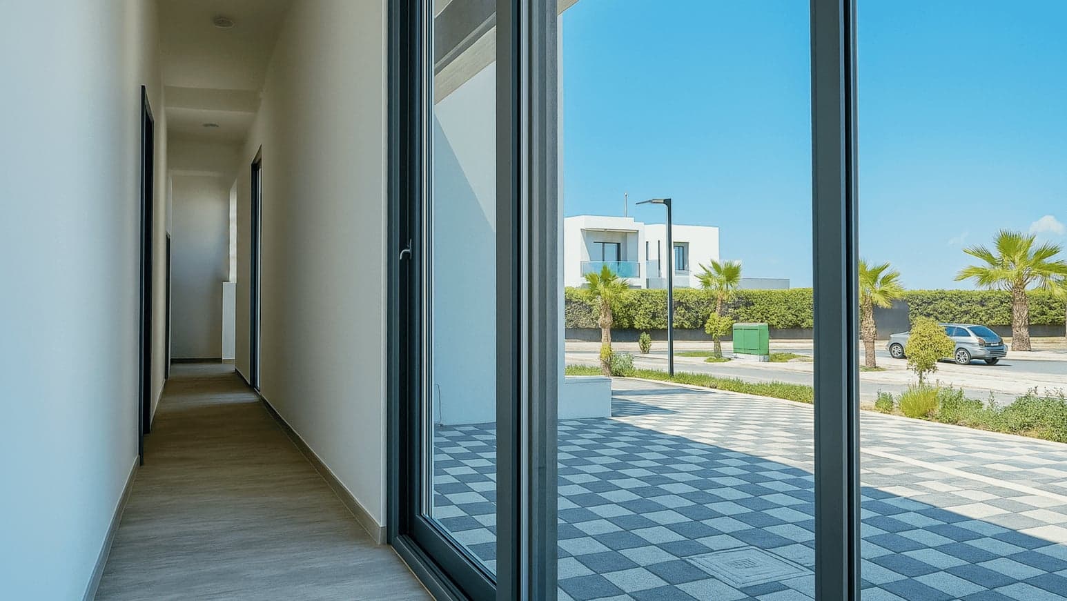 Hallway with floor-to-ceiling glazing